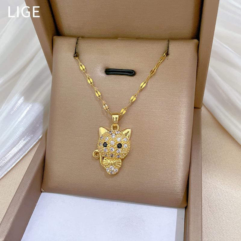 Bow Kitten Light Luxury Temperament Gorgeous Full Diamond Necklace Female Versatile Collarbone Chain Titanium Steel Chain
