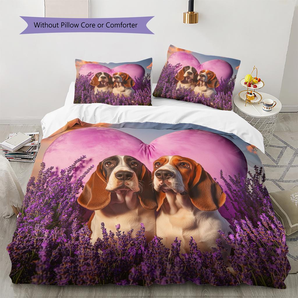 Basset Hound and Grassland Pattern Bedding Home Decoration Birthday Gift (1 * duvet cover + 2 * pillowcase, without core)