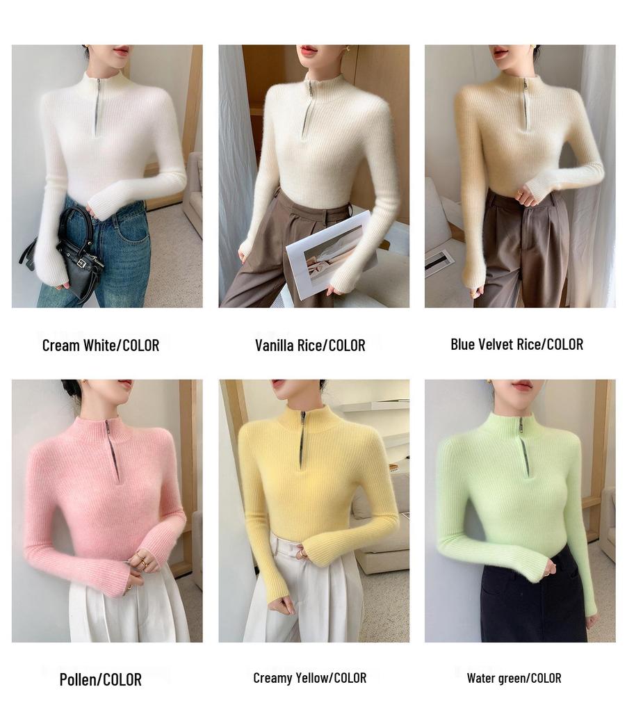 Women's Ribbed Cashmere Half-High Neck Zipper Sweater - Slimming Solid Color Base Layer for Autumn/Winter
