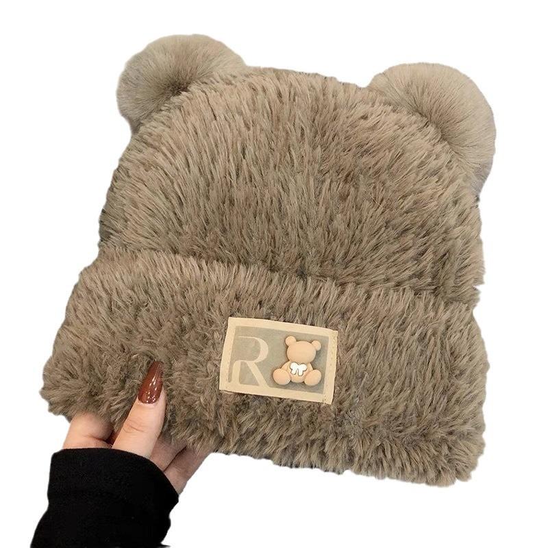 Cute bear plush hat women's winter warm wool hat shows a small face, sweet furry ear protector knitted hat