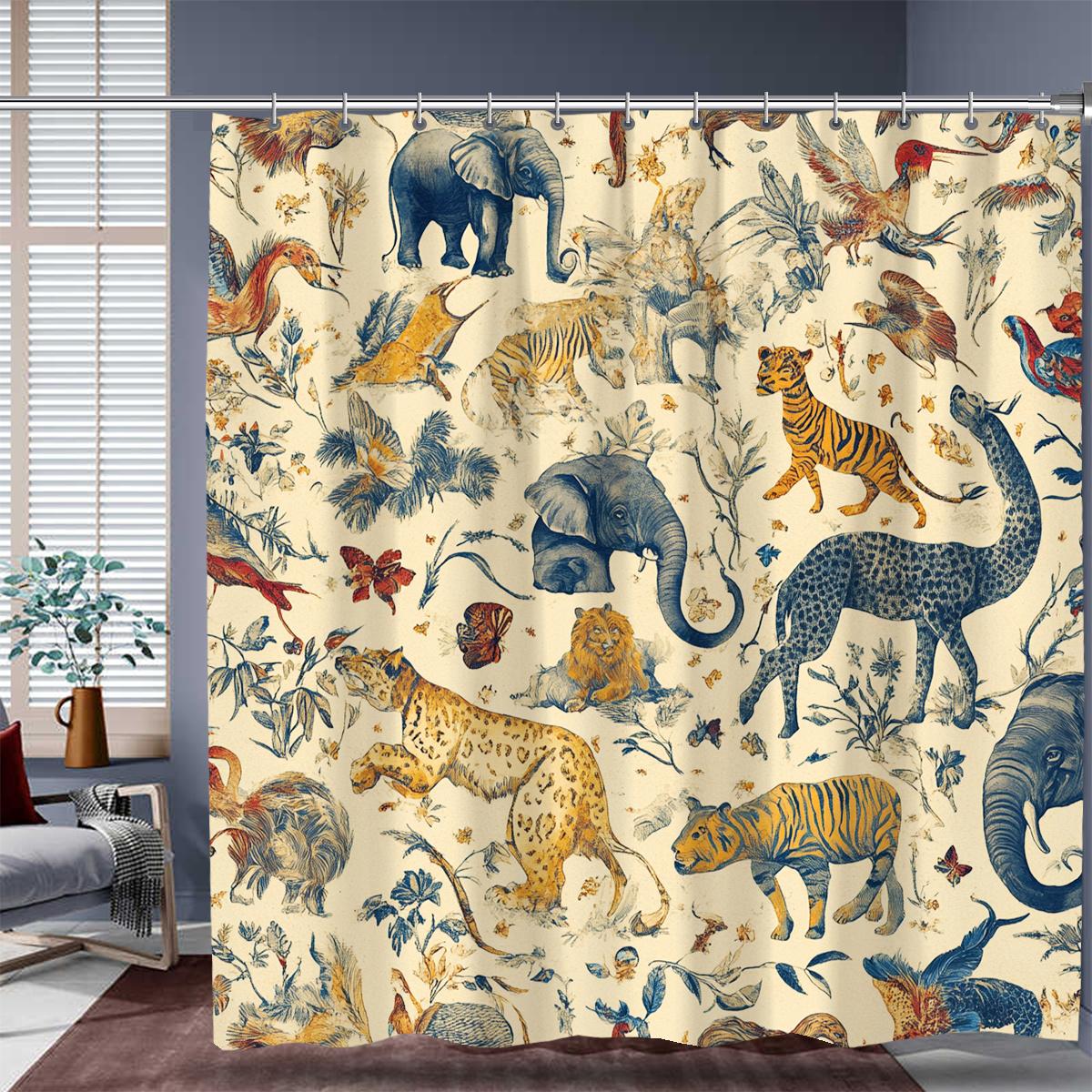 

1 Beautiful Wildlife Digital Print Shower Curtain, Machine Washable, Vibrant Jungle Theme With Elephants, Tigers And Butterflies W60H190(CM)-1 Pcs