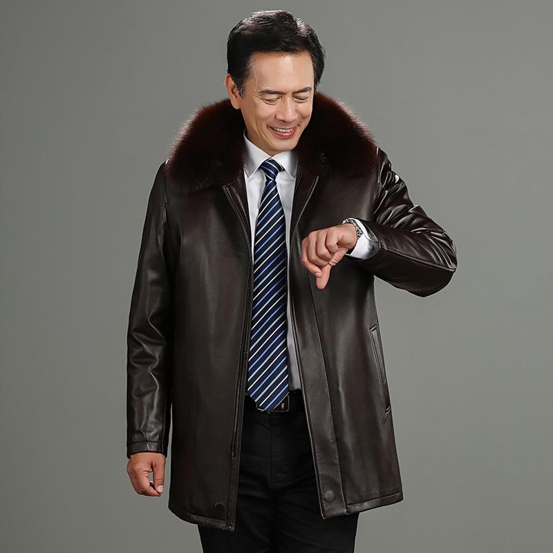Men's Mid-Length Leather Coat with Fox Fur Collar and Detachable Rabbit Fur Liner – Thick, Warm, Plus Size Jacket for Mid-Aged and Elderly.