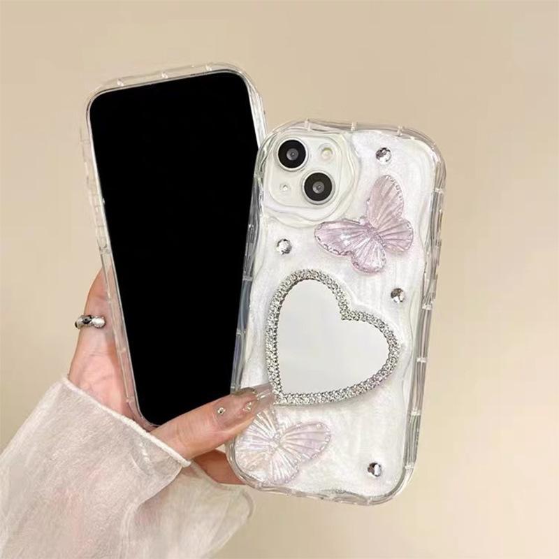 

Rhinestone Butterfly Phone Case for Apple 17Pro Love Edge Rhinestone Glass Mirror for Apple 15 Drop Glue Fine Hole Soft For iPhone 7/8/SE 2020
