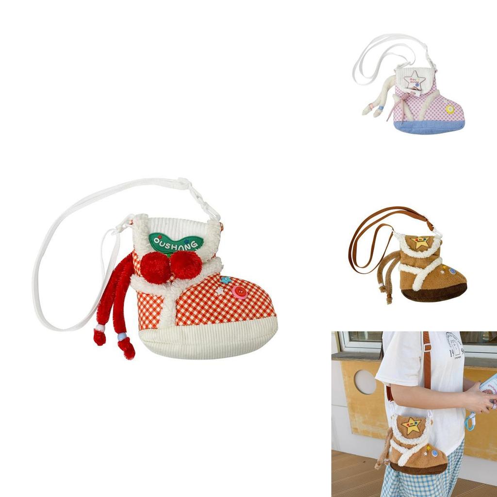 Plush Cartoon Shoe Shaped Shoulder Bag For Girls With Zipper Closure And Inner Pouch