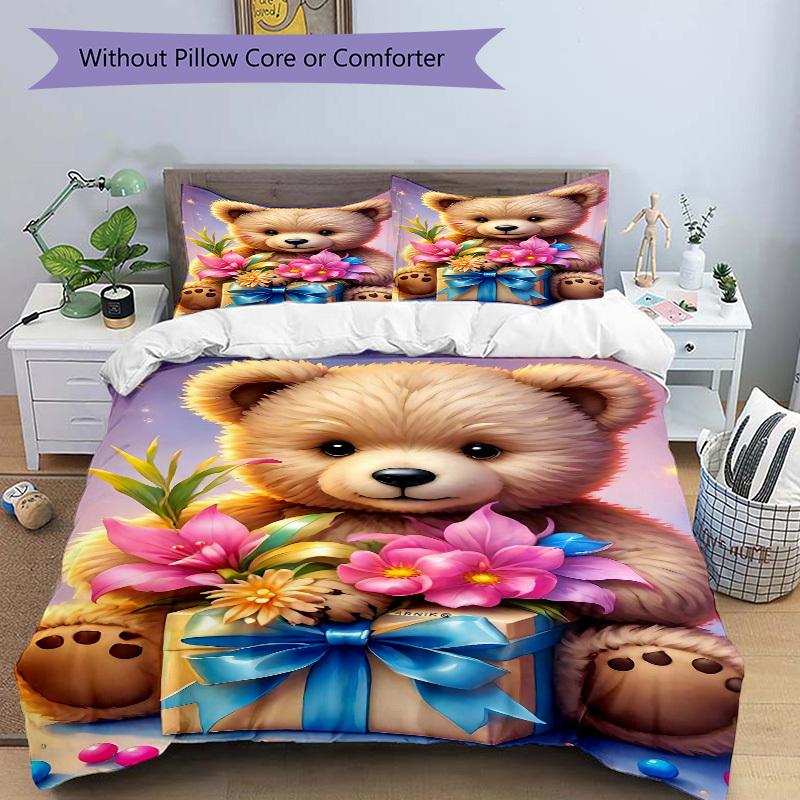 3pcs Anime Teddy Bear Bedding Set - Includes One Quilt Cover and Two Pillowcases (No Core) - Home Decor, Festival Gift, Polyester Fabric, Ca