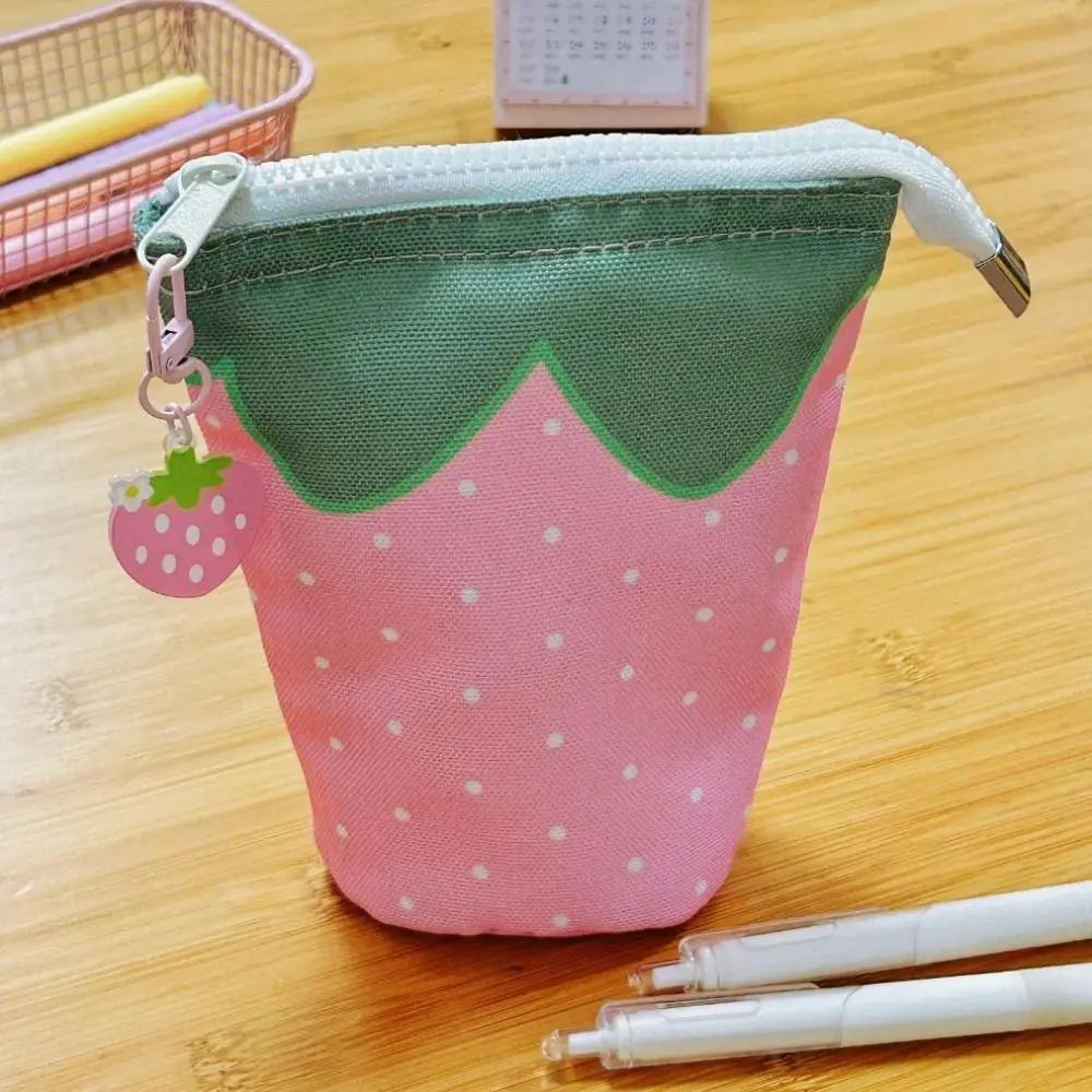 Cute Strawberry Pen Bag Foldable Large Capacity Pencil Holder Cylindrical Stand Up Cartoon Pencil Case Students Supplies