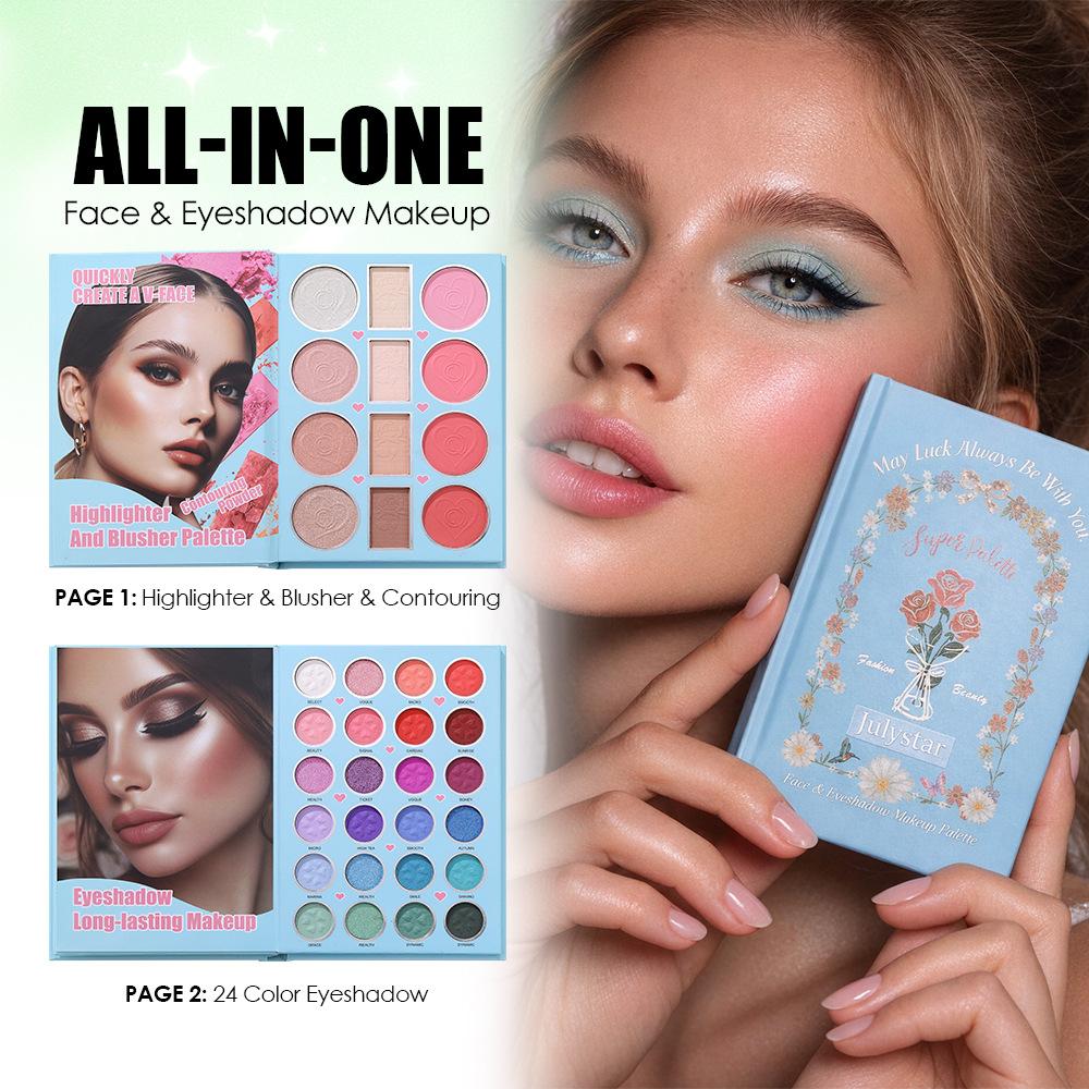 JULYSTAR Buch-Stil Make-up Palette Set 24 Farben Lidschatten Highlighter Rouge Konturpuder Ganzgesichts-Kosmetik-Set Geschenkbox für Damen Mädchen