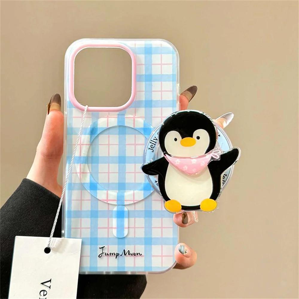 Cute Cartoon 3D Scarf Puppy Penguin For Magsafe Griptok Holder Phone Case Stand Support For iPhone 16 Samsung S25 Girl Bracket