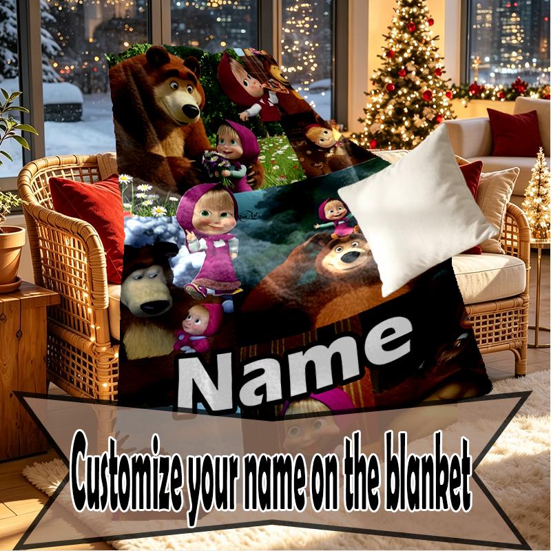 Custom Name Personalized Masha and The Bear Print Blankets, Home Decor, Bedroom, Sofa, Camping, Couch, Gifts for Birthday Christmas