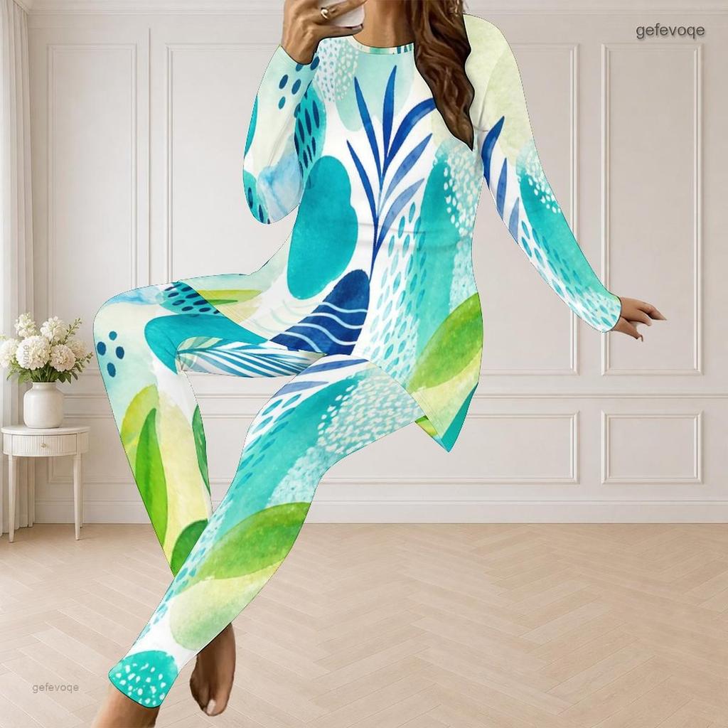 Women Plus Size Two Piece Pants Set Round Neck Long Sleeve Abstract Printed Top And Fitted Pants