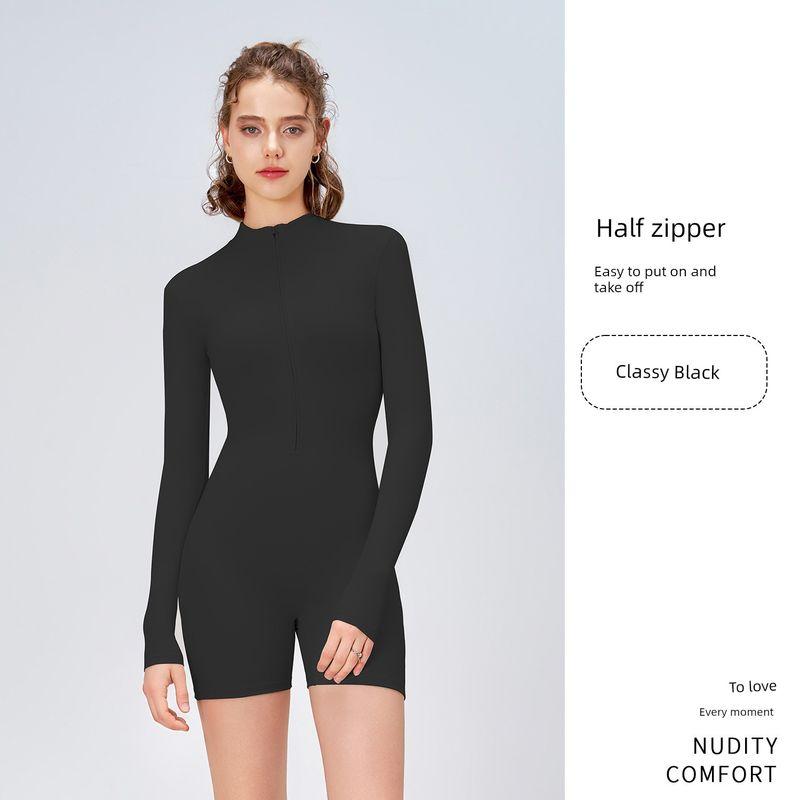 

New Arrival Fashion Sports Jumpsuit Long Sleeves Fitness Outwear High Elastic High Strength Running Yoga One-Piece Shorts Summer Classy Black Advanced L