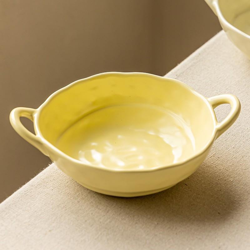 Solid Color Handmade Binaural Bowl Anti-Scalding Hand Japanese Irregular Bowl Ceramic Vegetable Bowl Soup Bowl Salad Bowl Household Tableware
