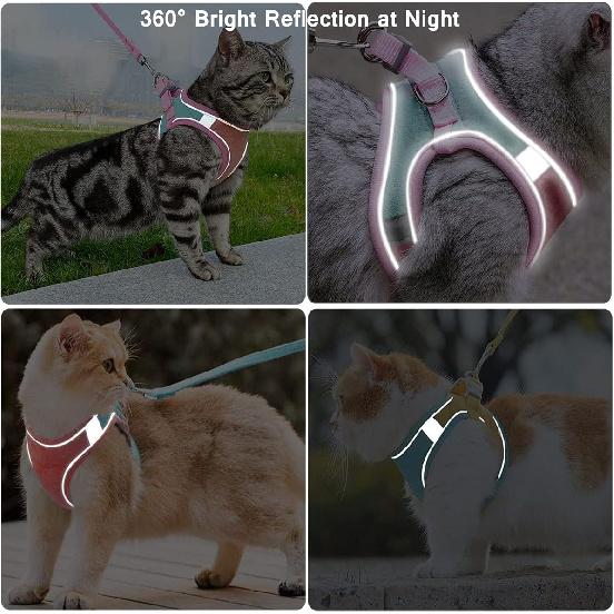 JSXD Cat Harness,Leash and Collar Set,Escape Proof Kitten Vest Harness for Walking,Easy Control Night Safe Pet Harness with Reflective Strap and Bell