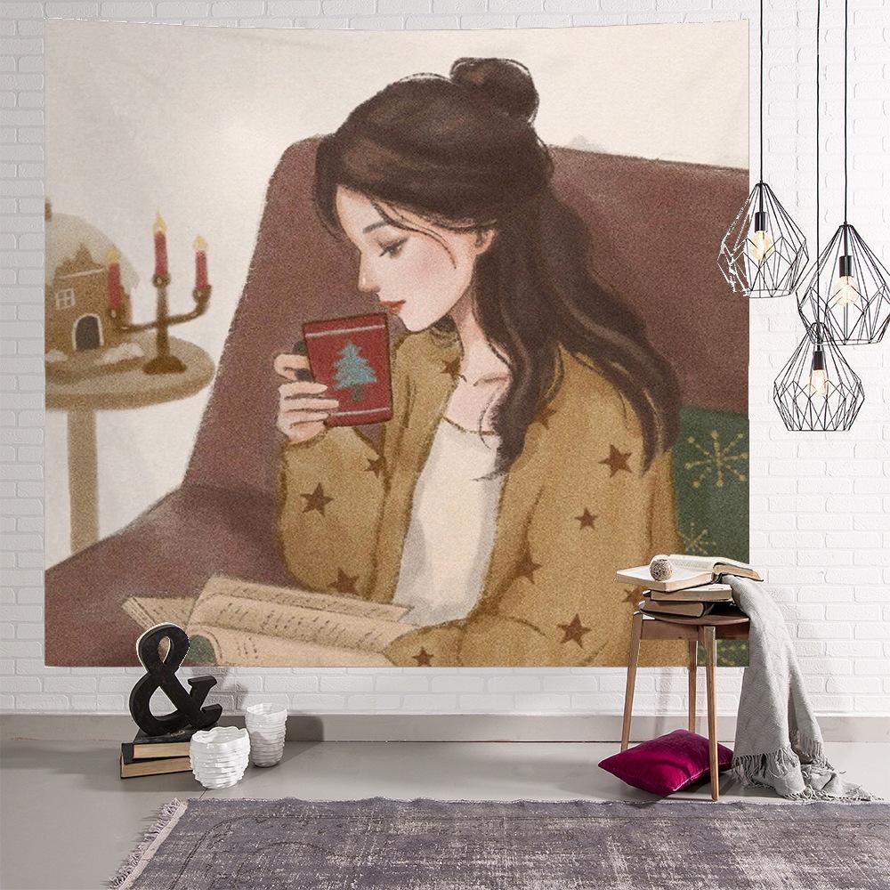

Рождественский гобелен с милой девушкой, домашний фон, настенная ткань, красивая принцесса, гостиная, спальня, эстетичная комната, Tapiz 100x75cm