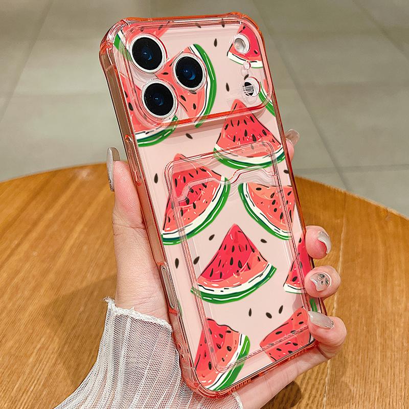 Card Slot Pocket TPU Case For iPhone 17 16 Pro 15 14 13 Pro Max 11 Shockproof Cartoon Fruits Pattern Soft Silicone Phone Cover