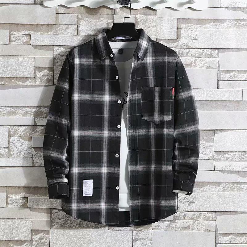 Men's White Plaid Shirt Long-sleeved Trend Shirts Versatile Men's Inch Shirt New Tops