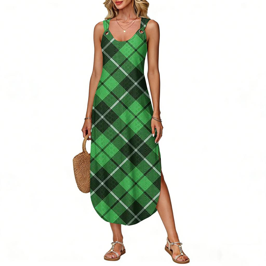 Women's Summer Long Dress, Sleeveless with Side Slits, Long Plaid Printed Vest Dress
