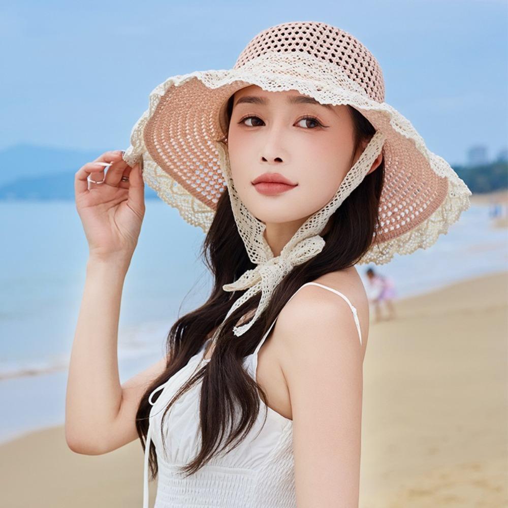 Breathable Lace Tied Sun Hat Large Brim UV Protection Cap Sweet Women Straw Hat  Travel