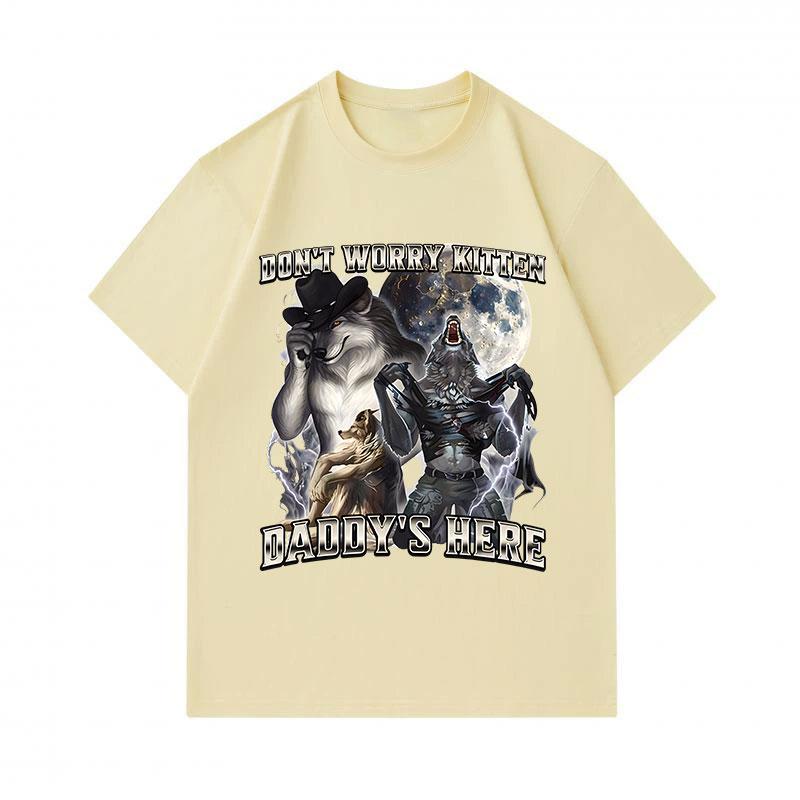 Men's 100% Cotton Crew Neck Short Sleeve T-Shirt, Funny Alpha Wolf Don't Worry Kitten Daddy's Here Graphic Casual Tees, Unique Novelty Werewolf Print