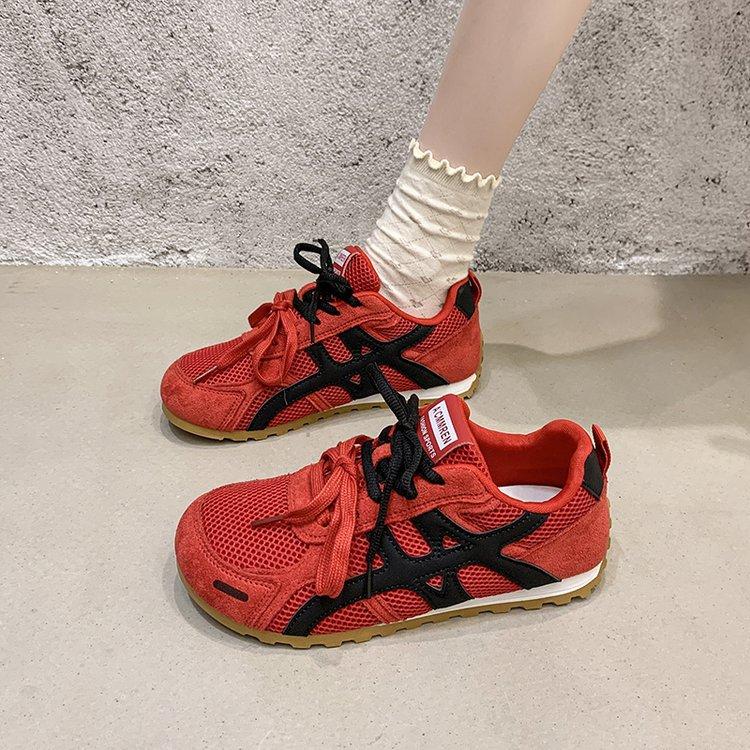 Double color ribbon~ leather inner height increase German training shoes women's 2025 summer thin mesh super soft ballet sports and leisure shoes