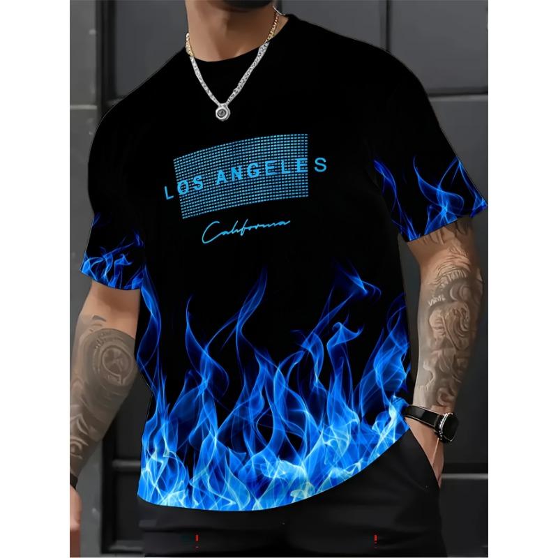 

Los Angeles Letter Print Men s Short Sleeves, Comfortable Floral Blue Flame Print Short Sleeves, Summer Casual Tops XL