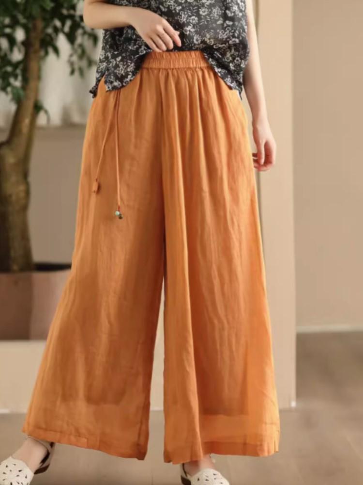 

Женские винтажные широкие брюки Johnature, однотонные летние брюки с эластичной резинкой на талии, свободные повседневные брюки One Size оранжевый