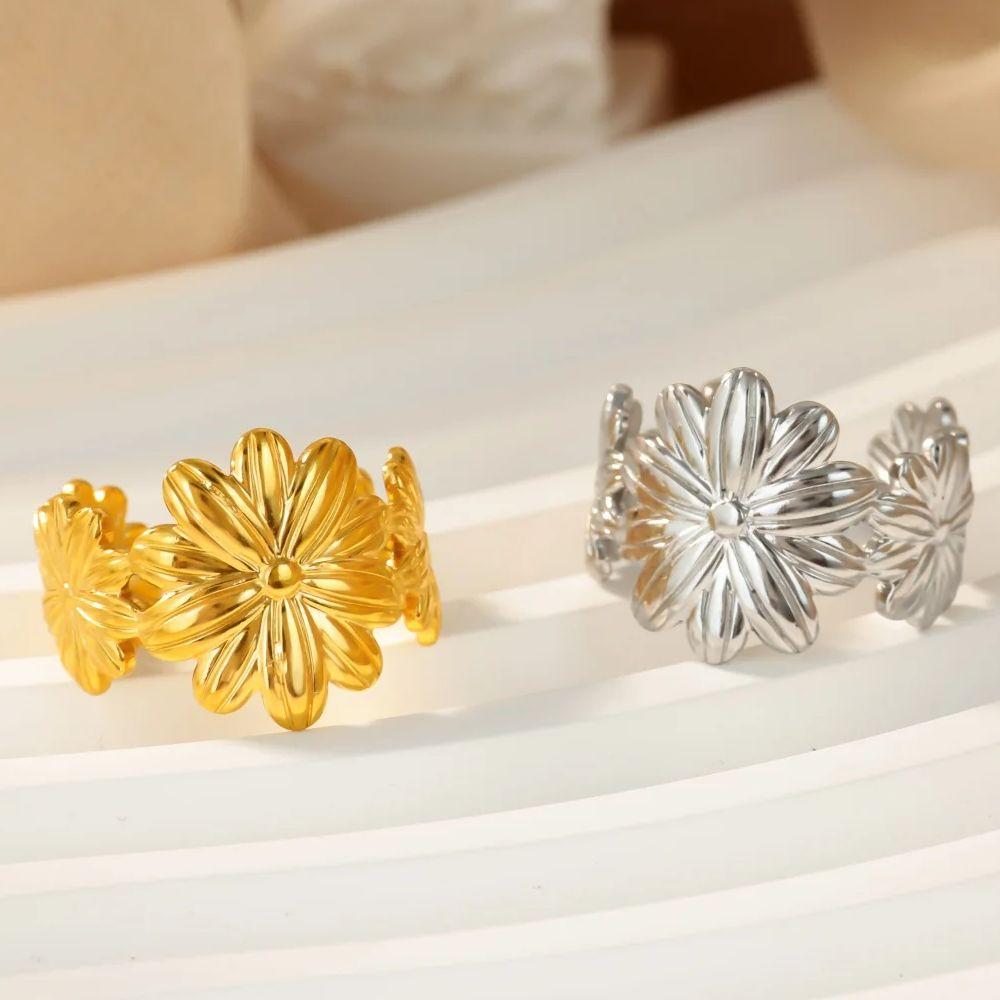 Daisy Flowers Stainless Steel Rings 18K Gold-plated Anti Fading Open Ring for Women Vacation Wedding Jewelry Accessories Gifts