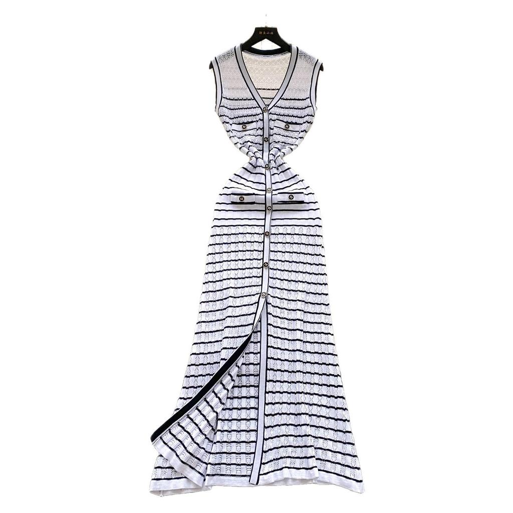 Celebrity High-end Contrasting Color Striped Knitted Dress Women's Small Fragrant Style Waist Slim and Thin Sleeveless Vest Long Dress