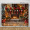 2D Flat, Christmas Fireplace Background Theme Tree Stocking Photography Background, Suitable for Christmas Party Supplies