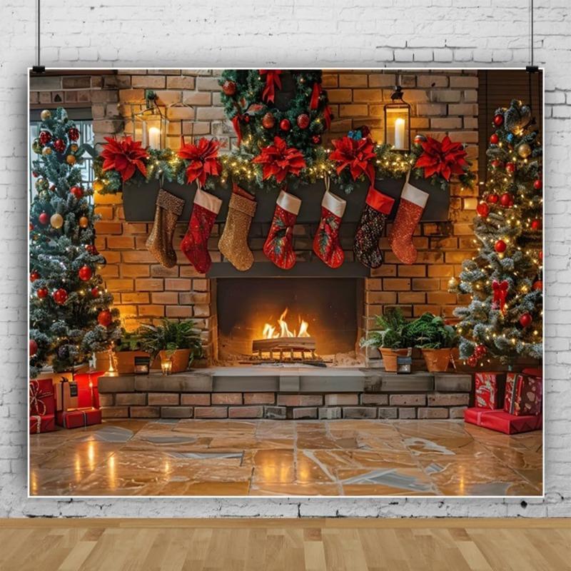 2D Flat, Christmas Fireplace Background Theme Tree Stocking Photography Background, Suitable for Christmas Party Supplies