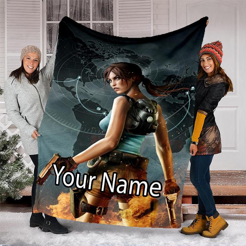 Custom Name Tomb Raider Theme Printed Blanket - Perfect for Couch, Bed, Travel & Outdoor Use | Machine Washable, Cozy & Durable.