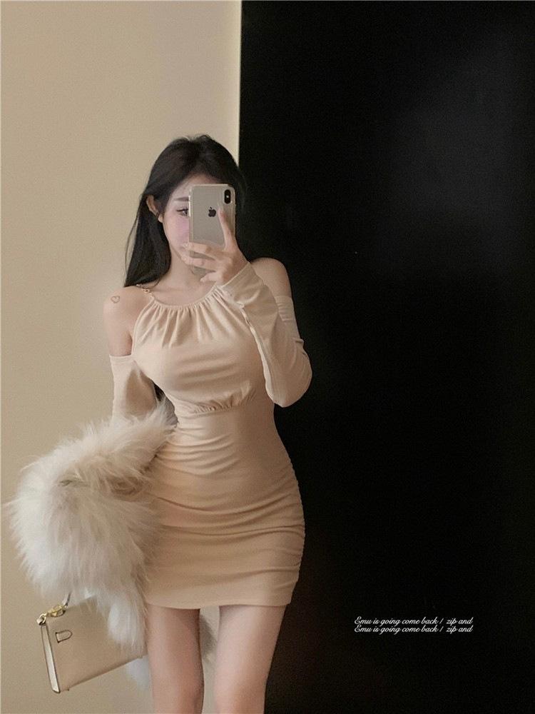 

Neck off-the-shoulder dress women s autumn new pure desire spice girl sexy body beautiful hip-wrapped short skirt S абрикосовый