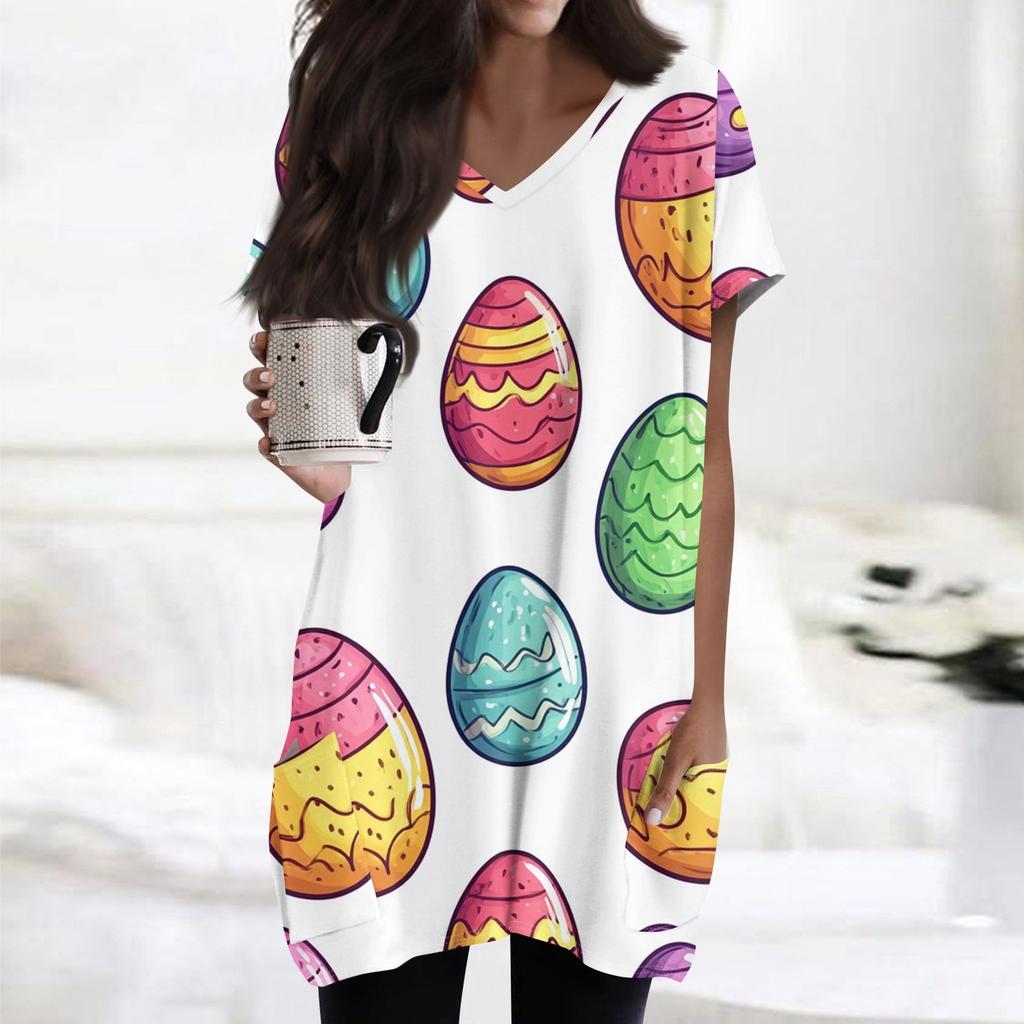 Womens Tops V-neck Short Sleeve Blouses Casual Mid-length Shirts Fashion Print Tunic Tops With Pockets
