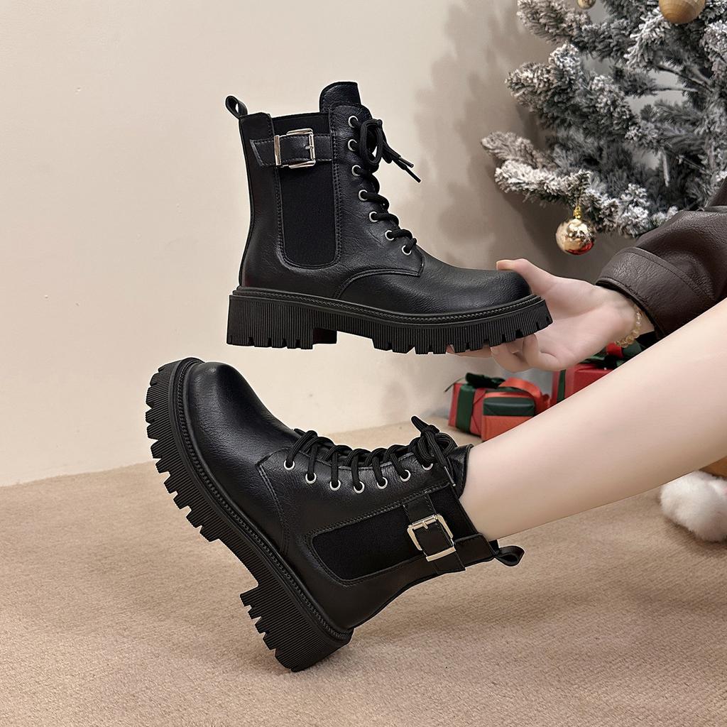 Autumn and winter leather boots women's Martin boots thick heel student boots British style thick sole heightening short boots women's shoes