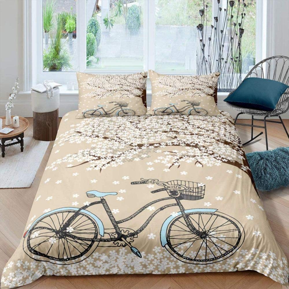Pink Bicycle Duvet Cover For Girls Women Twin Full King Size,Roses Flower Bedding Set Bike Floral Green Leaves Comforter Cover