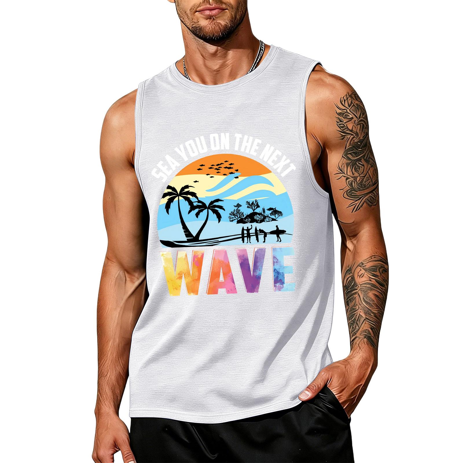 

Men s loose and casual Hawaiian print sleeveless shirt XL білий