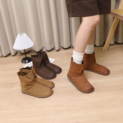 Vintage handgefertigte kurze Stiefel aus echtem Leder, einfarbig, weiches Rindsleder, vielseitige flache Damenstiefel