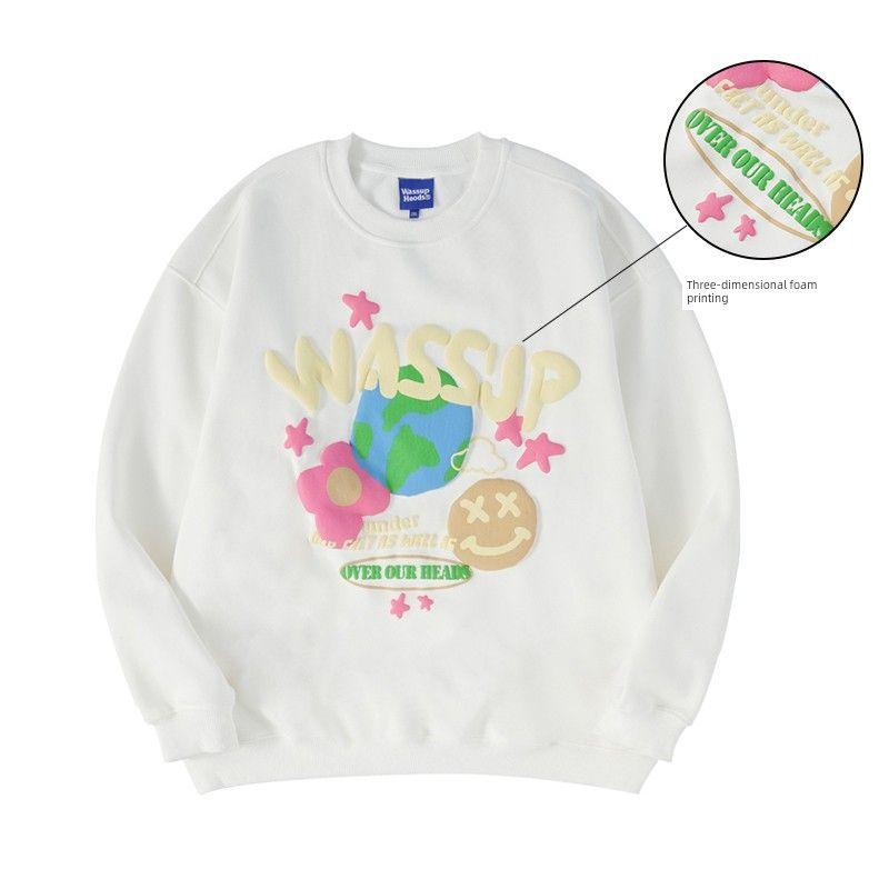 Wassup Heods Foam Stereo Letter Sweatshirt Men's Autumn and Winter Fleece-Lined Versatile Casual Round Neck Top for Couples