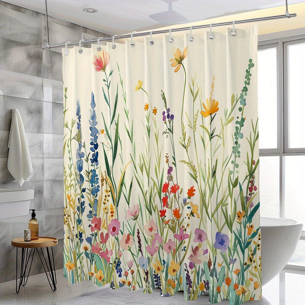 1Pc Herbs & Flowers Shower Curtain - Polyester, 71X71", 12 Hooks, Vibrant Botanical Design, Modern/Rustic Bathrooms