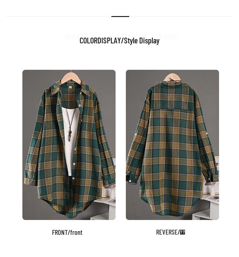 Women's Loose-Fit Cross-Grid Shirt Jacket - High-Low Hem, Long Sleeve, Covers Butt, Cotton Linen, Plus Size