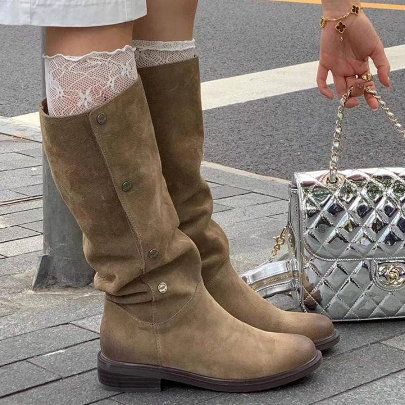 Korean two knee-length boots Western cowboy boots Women's retro polished stacking boots Versatile Martin Knight boots