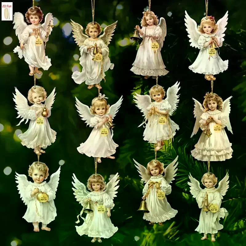 12pcs Vintage Christmas Angel Wooden Pendants, Artificial Wood Hanging Ornaments Perfect For Home & Outdoor Holiday Decor