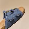 Aphixta Retro Blue Denim Slippers Women Summer Round Toe Shoes Outdoor Flat Heel Slides Metal Buckle Flip Flop
