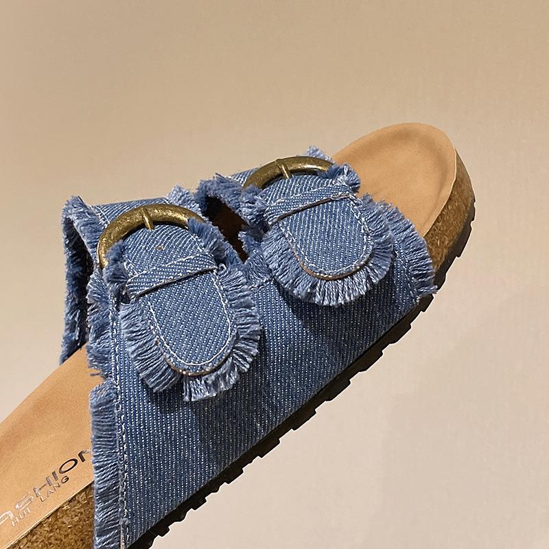 Aphixta Retro Blue Denim Slippers Women Summer Round Toe Shoes Outdoor Flat Heel Slides Metal Buckle Flip Flop