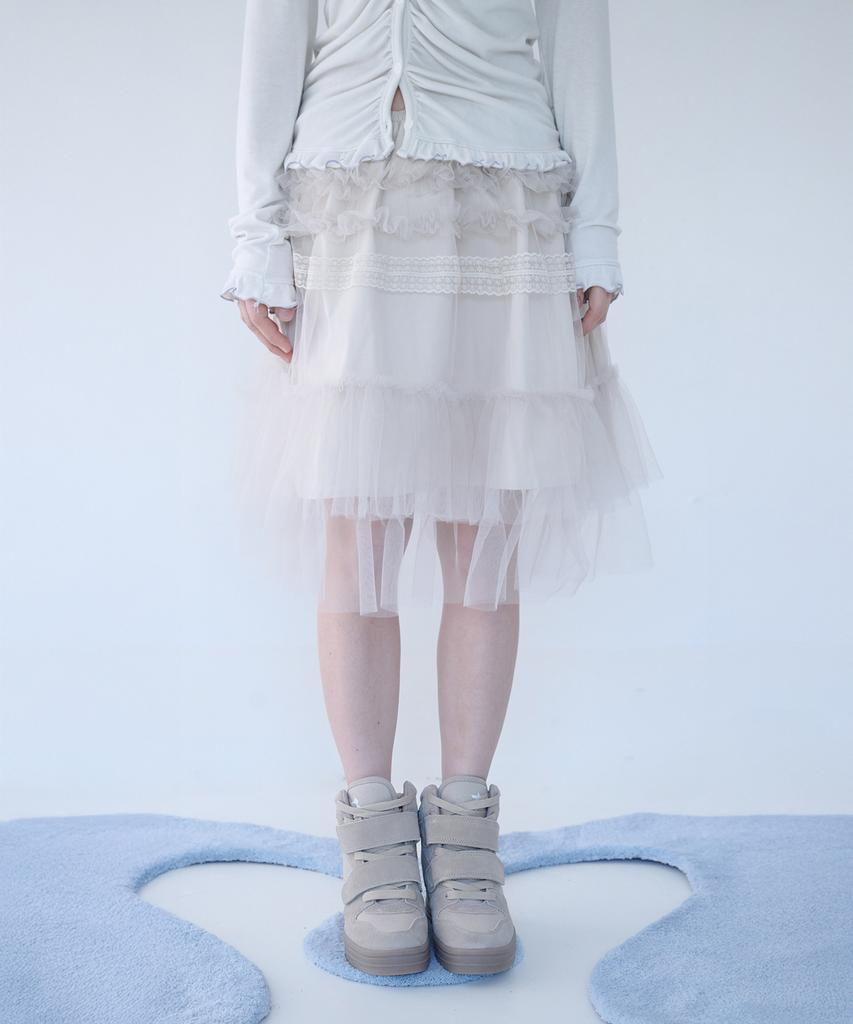 Mileko Tulle Frill Midi Skirt Soft Butter