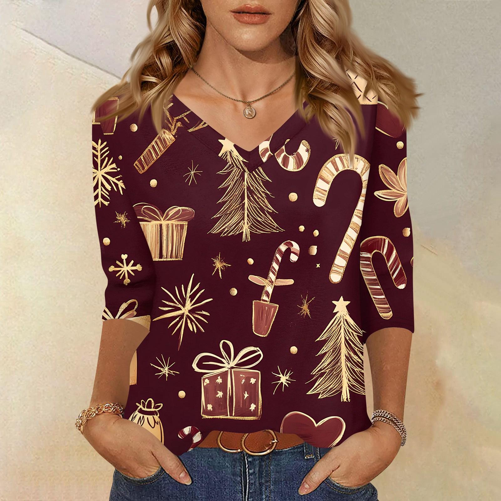 

Женская футболка с рождественским принтом, рукав 3/4, повседневная, для выходных, модная, базовая, с V-образным вырезом, обычный топ M