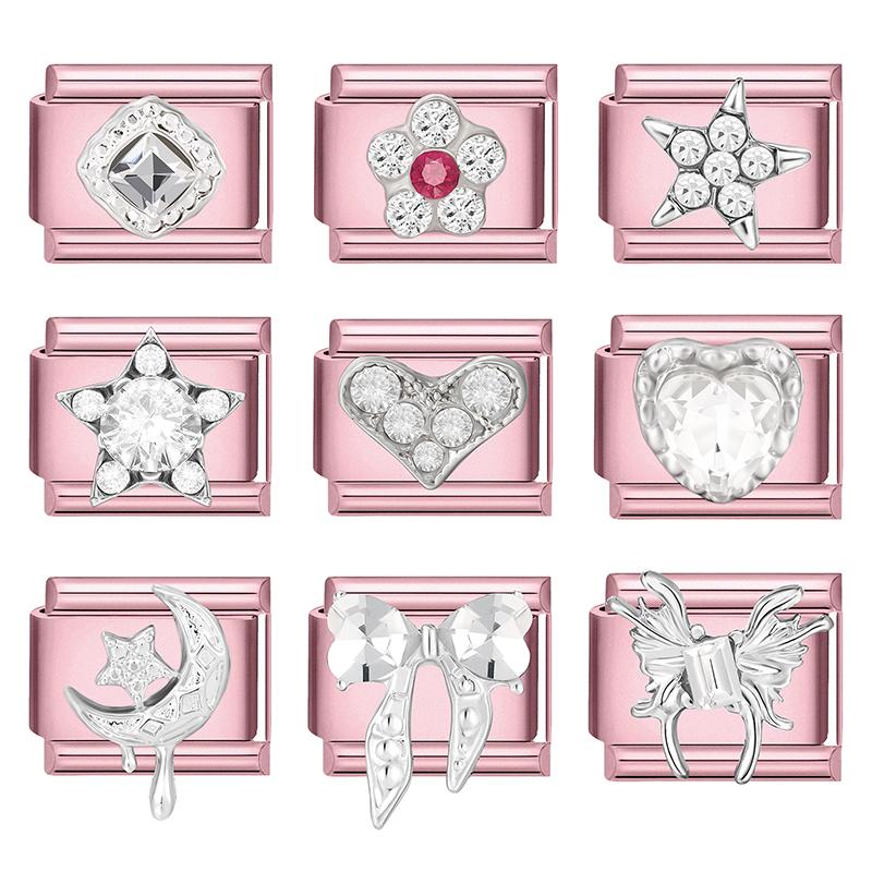 Fashion Zircon Pink Butterfly Star Bow Flower Rabbit Italian Charm Links Fit 9MM Stainless Steel Bracelet Women DIY Making Gift
