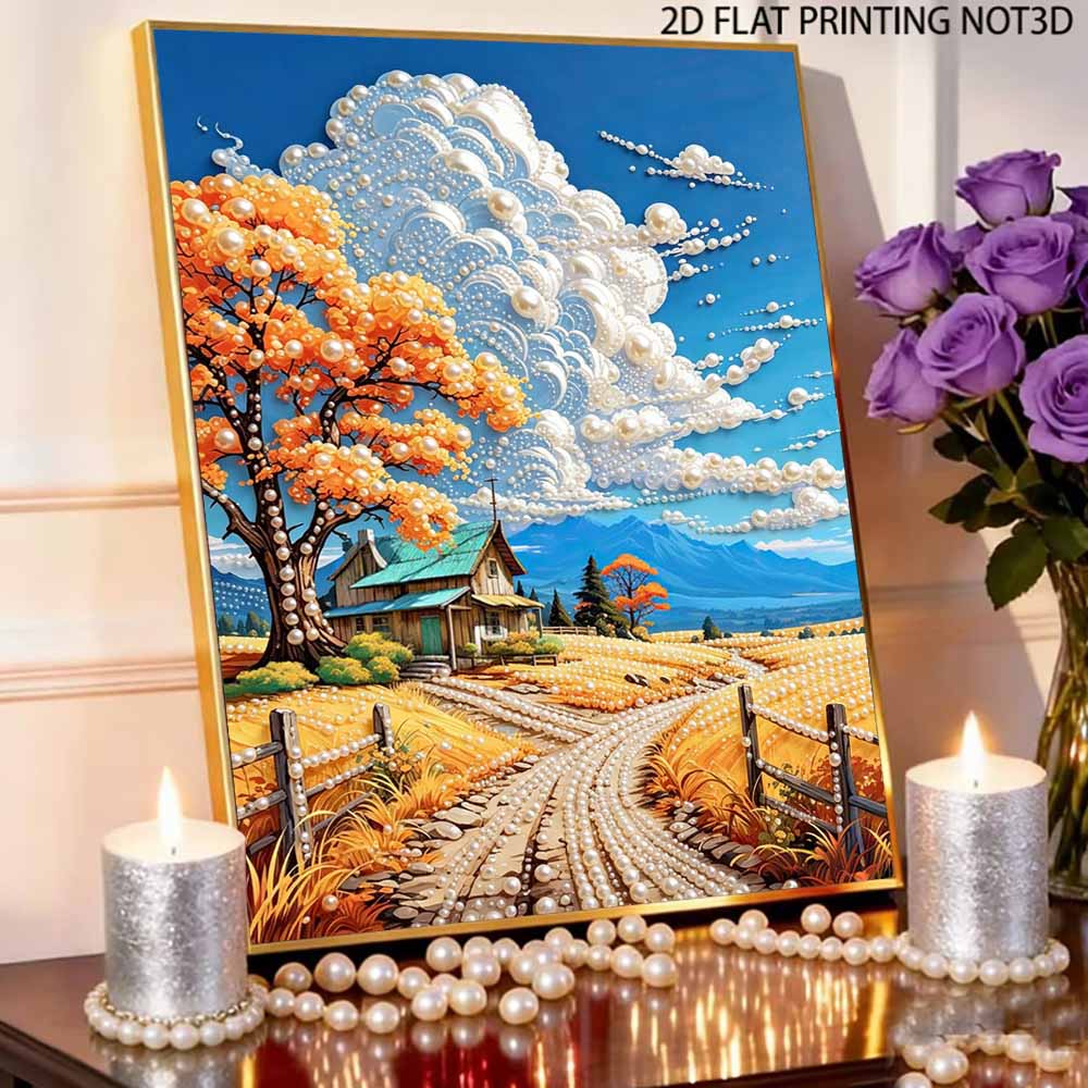 Pearl Painting DIY Kit Autumn Countryside House Frameless Sparkling Bead Art Canvas Creative Home Decor Craft for Beginners