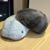 New Japanese-style Vintage Washed Distressed Denim Beret for Women with Large Head Circumference, Face-slimming Artist Hat, Trendy