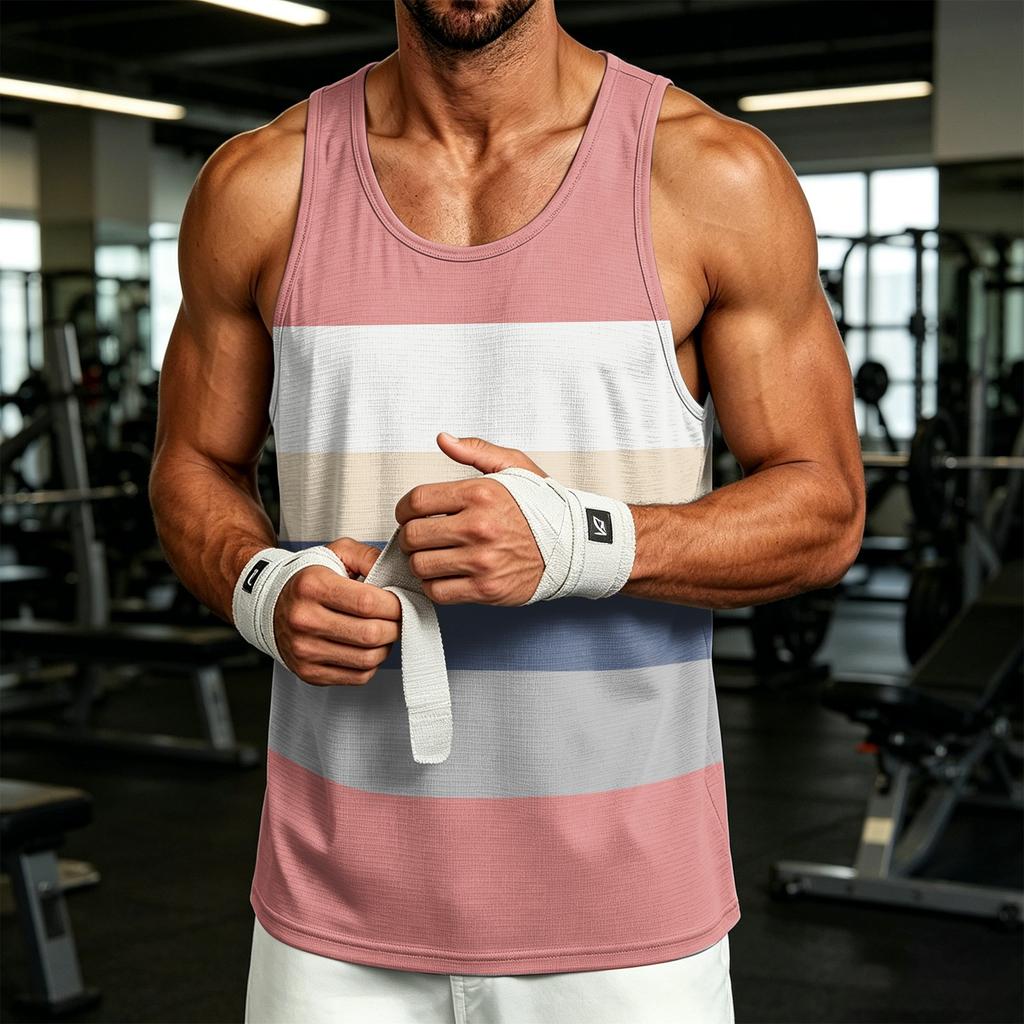 Men's Casual Sleeveless Tank Top Outdoor Sports Round Neck Striped Print Lightweight Breathable Summer Vest Shirt
